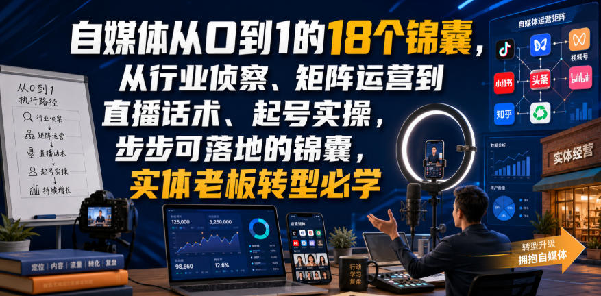 自媒体从0到1的18个锦囊,从行业侦察、矩阵运营到直播话术、起号实操,步步可落地的锦囊,实体老板转型必学-卿云社