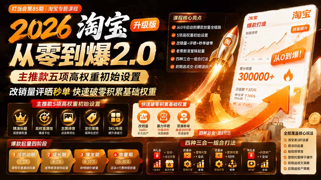 2026淘宝从零到爆2.0第85期；主推款五项高权重初始设置，改销量评晒秒单快速破零积累基础权重-卿云社