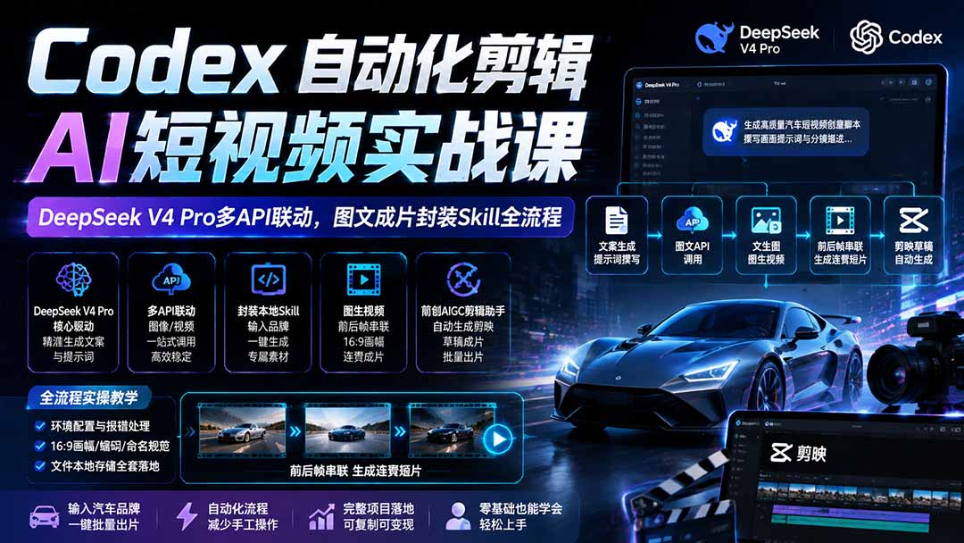 Codex自动化剪辑AI短视频实战课｜DeepSeek V4 Pro多API联动，图文成片封装Skill全流程-卿云社