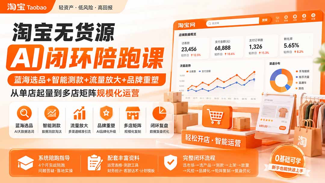 淘宝无货源AI闭环陪跑课：蓝海选品+智能测款+流量放大+品牌重塑，从单店起量到多店矩阵规模化运营-卿云社