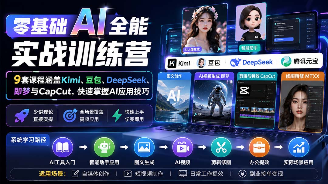 零基础AI全能实战训练营：9套课程涵盖Kimi、豆包、DeepSeek、即梦与CapCut，快速掌握AI应用技巧-卿云社