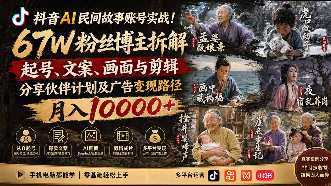 抖音AI民间故事账号实战！67W粉丝博主拆解起号、文案、画面与剪辑，分享伙伴计划及广告变现路径，月入10000+-卿云社