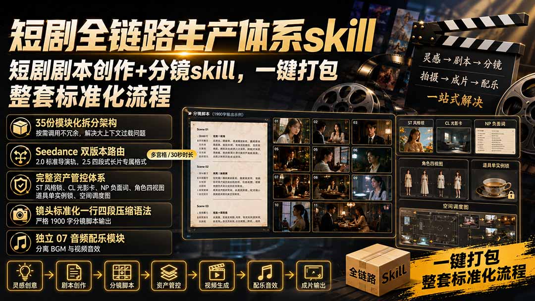 短剧全链路生产体系skill，短剧剧本创作+分镜skill，一键打包，整套标准化流程-卿云社
