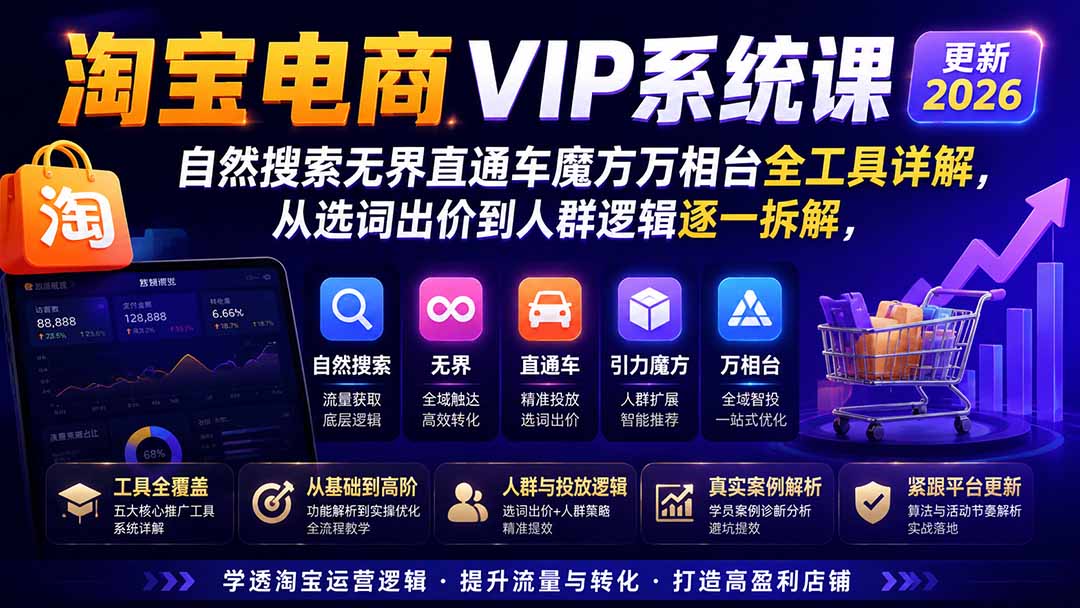 淘宝电商VIP系统课-更新8月；自然搜索无界直通车魔方万相台全工具详解，从选词出价到人群逻辑逐一拆解-卿云社