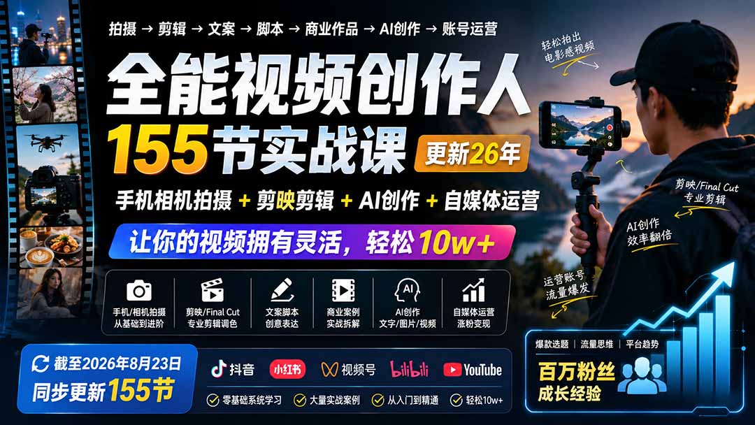 全能视频创作人155节实战课-更新26年8月:手机相机拍摄+剪映剪辑+AI创作+自媒体运营,让你的视频拥有灵活,轻松10w-卿云社