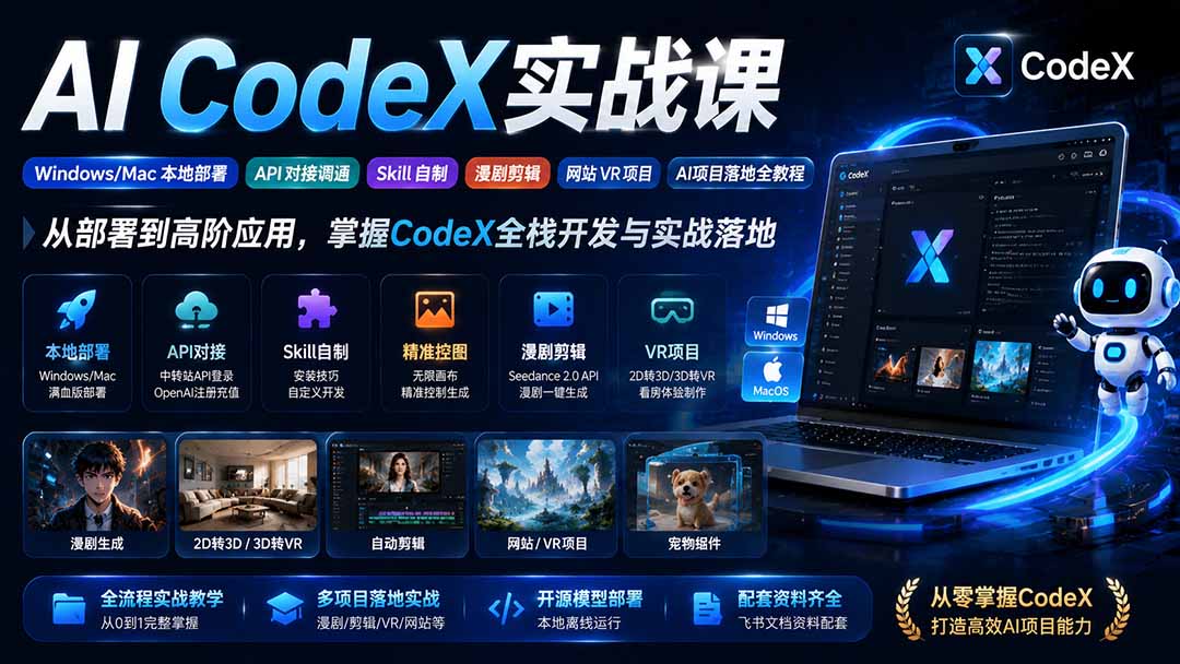 AI  CodeX实战课｜Windows/Mac 本地部署｜API 对接调通｜Skill 自制｜漫剧剪辑｜网站 VR 项目｜AI项目落地全教程-卿云社