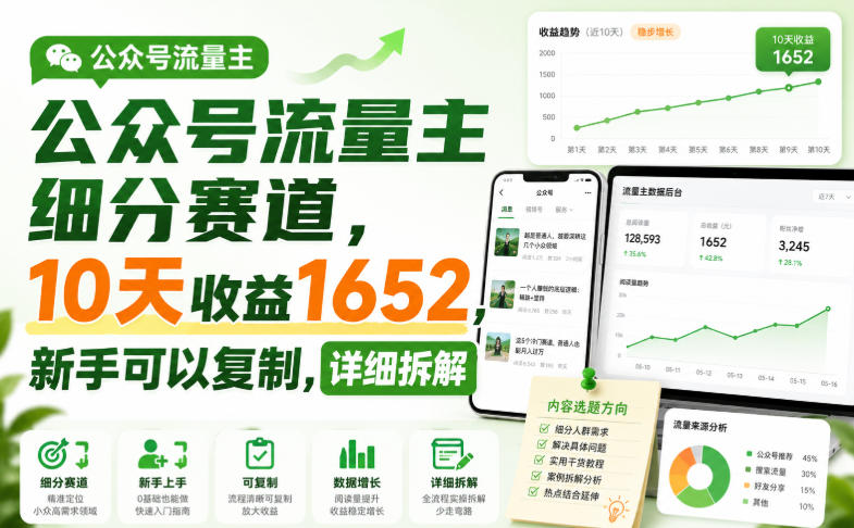 公众号流量主细分赛道，10天收益1652，新手可以复制，详细拆解-卿云社