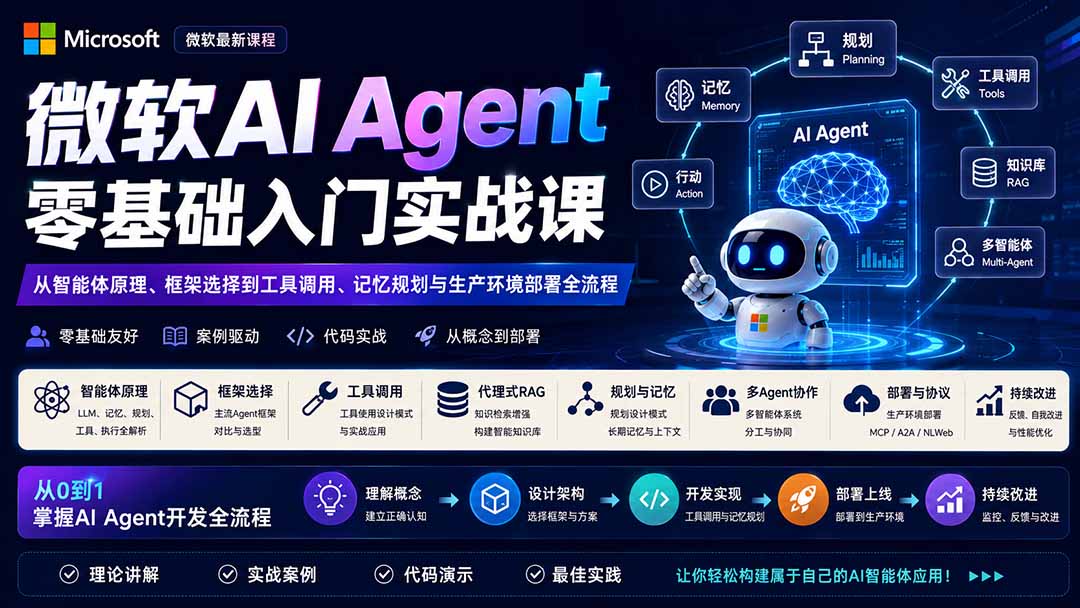 微软AI Agent零基础入门实战课：从智能体原理、框架选择到工具调用、记忆规划与生产环境部署全流程-卿云社