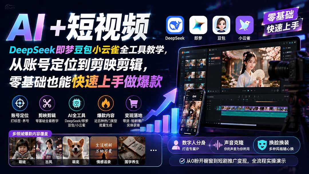AI+短视频|DeepSeek即梦豆包小云雀全工具教学,从账号定位到剪映剪辑,零基础也能快速上手做爆款-卿云社