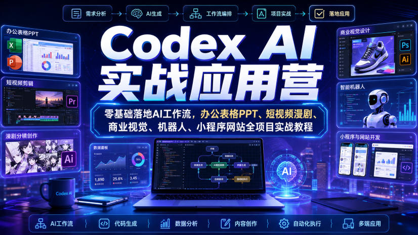 Codex AI实战应用营｜零基础落地AI工作流，办公表格PPT、短视频漫剧、商业视觉、机器人、小程序网站全项目实战教程-卿云社
