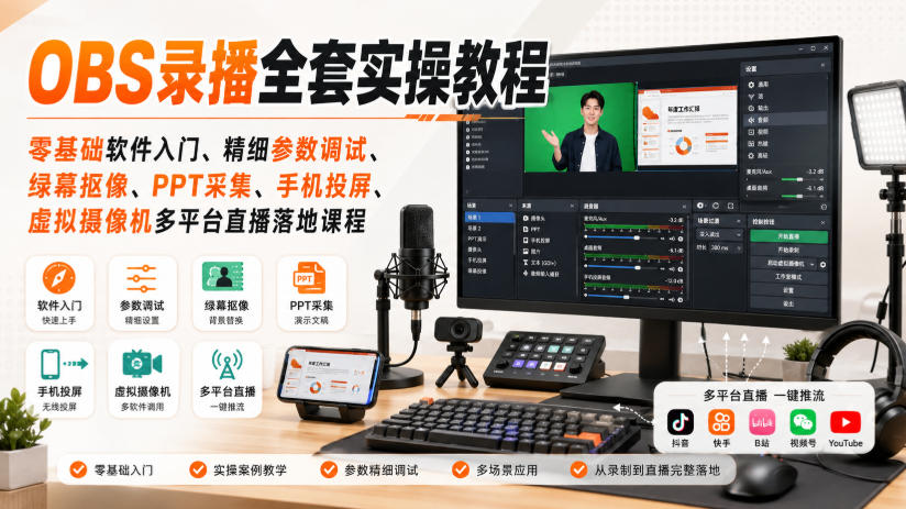 OBS录播全套实操教程｜零基础软件入门、精细参数调试、绿幕抠像、手机投屏、虚拟摄像机多平台直播落地课程-卿云社