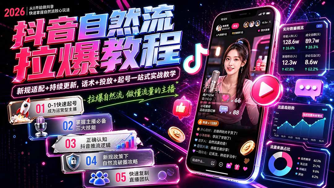 抖音自然流拉爆教程-更新8月：做懂流量的主播，新规适配+持续更新，话术+投放+起号一站式实战教学-卿云社
