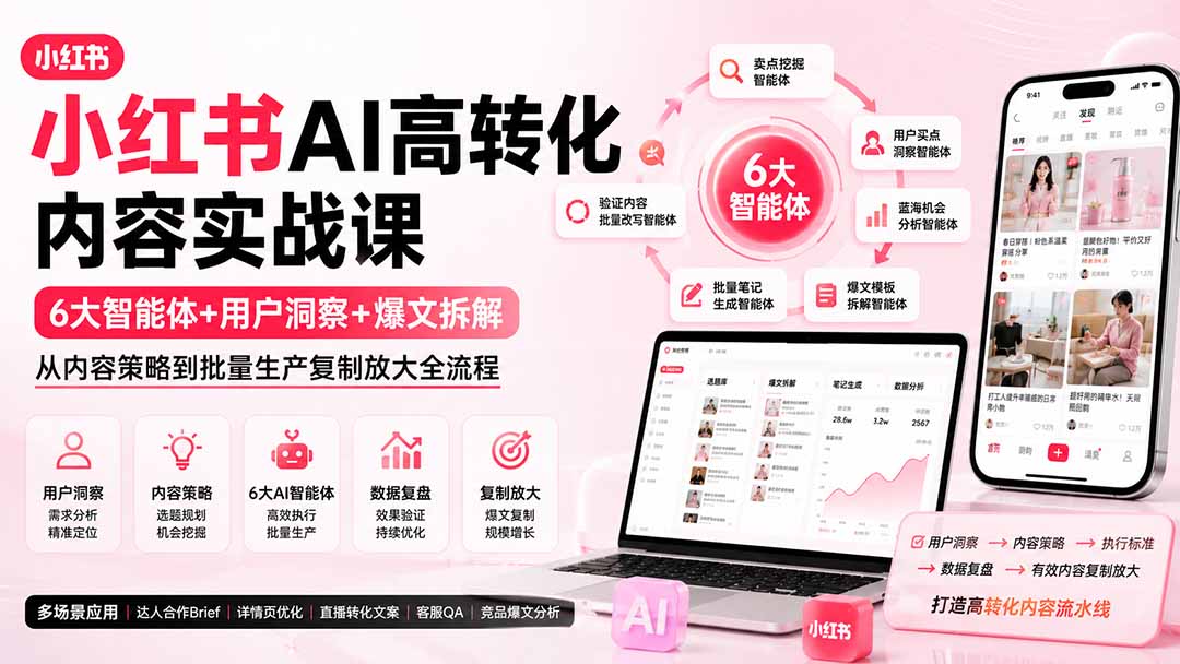 小红书AI高转化内容实战课:6大智能体+用户洞察+爆文拆解,从内容策略到批量生产复制放大全流程-卿云社