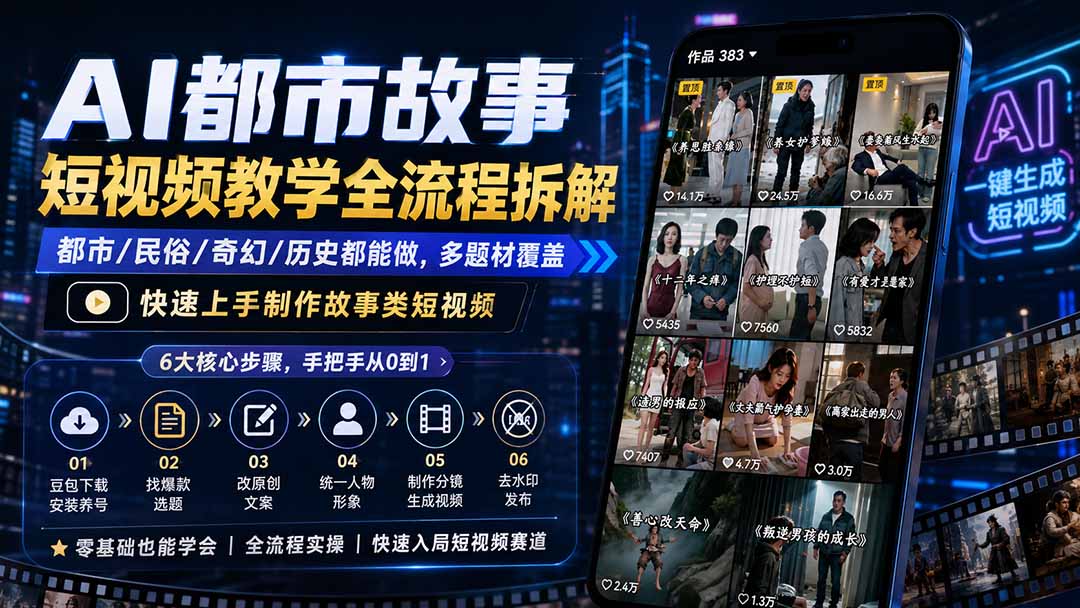AI都市故事短视频教学全流程拆解；都市/民俗/奇幻/历史都能做多题材覆盖，快速上手制作故事类短视频-卿云社