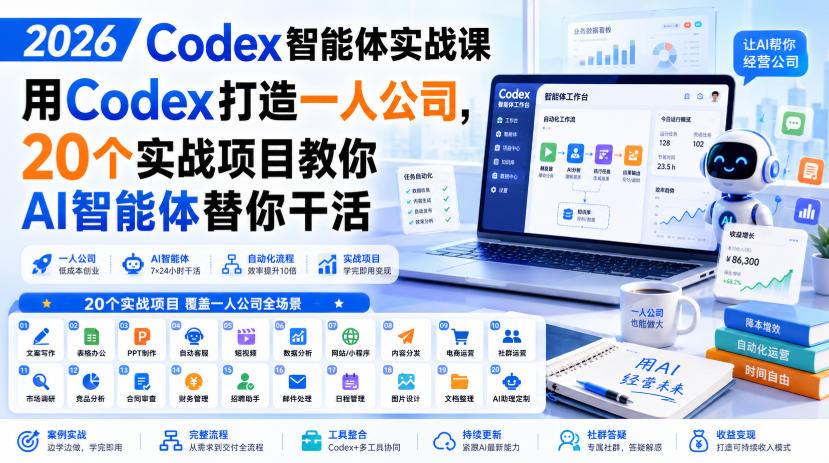 2026 Codex智能体实战课,用Codex打造一人公司,20个实战项目教你AI智能体替你干活-卿云社