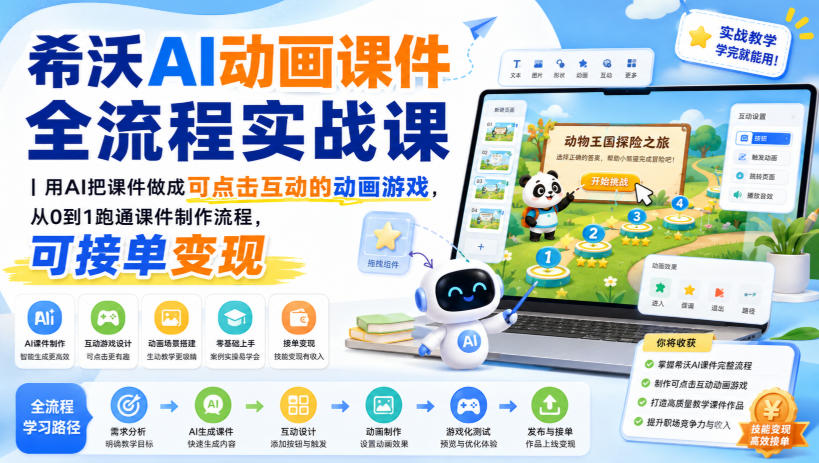 希沃AI动画课件全流程实战课｜用AI把课件做成可点击互动的动画游戏，从0到1跑通课件制作流程，可接单变现-卿云社
