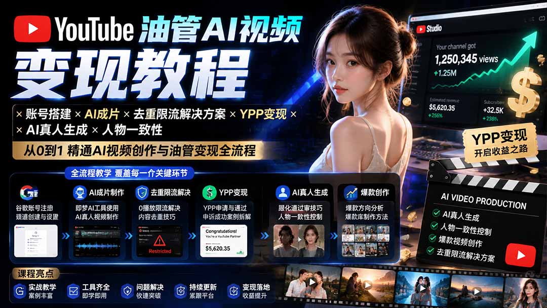 YouTube油管AI视频变现教程：账号搭建×AI成片×去重限流解决方案×YPP变现×AI真人生成×人物一致性-卿云社