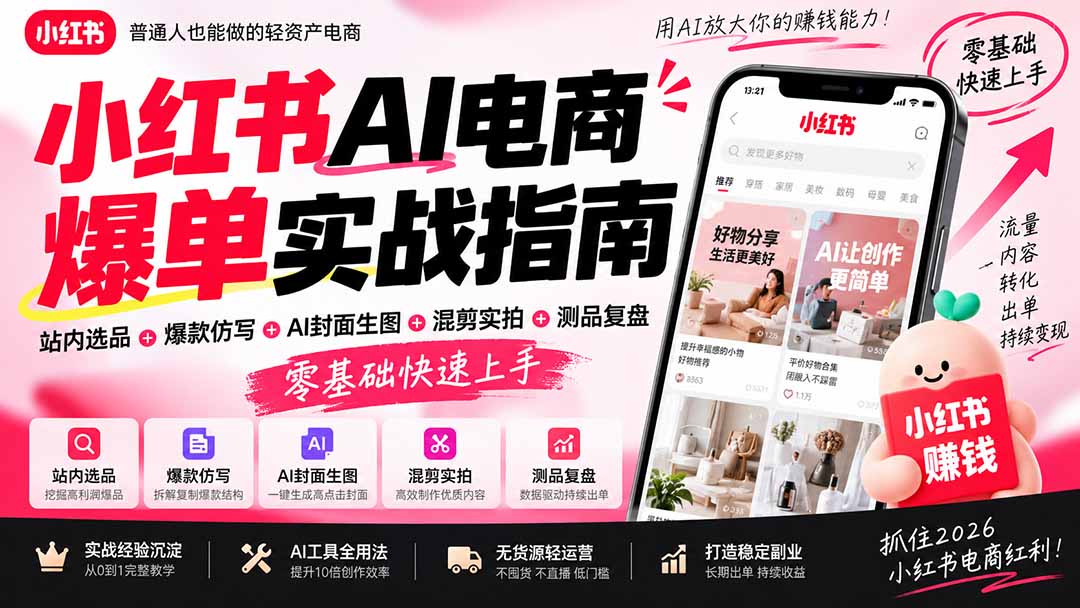2026小红书AI电商爆单实战指南：站内选品+爆款仿写+AI封面生图+混剪实拍+测品复盘，零基础快速上手-卿云社