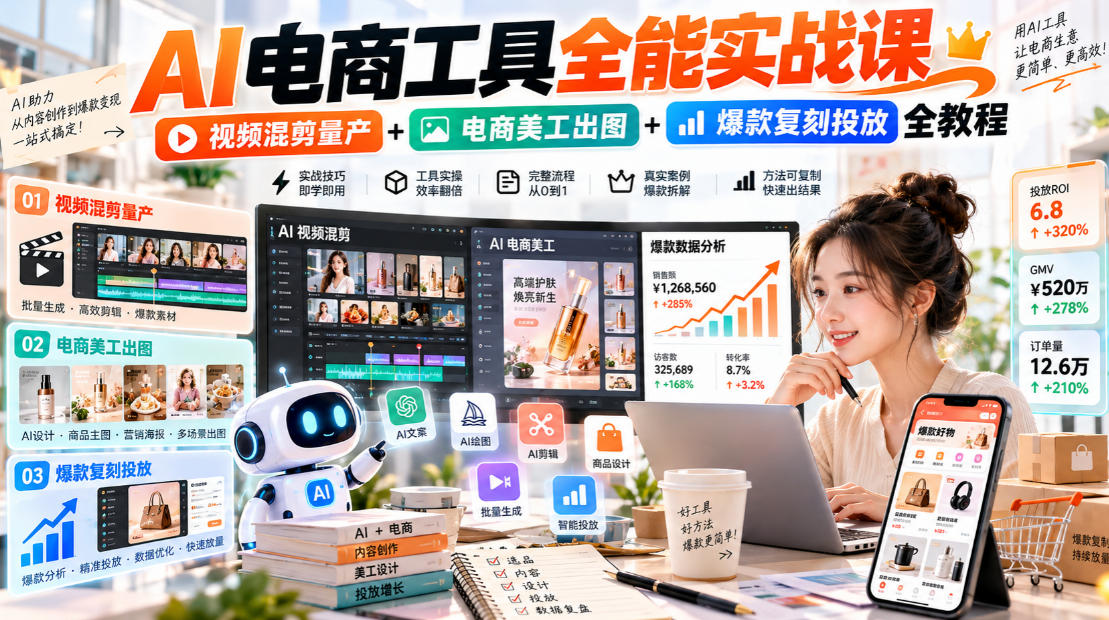 AI电商工具全能实战教学，视频混剪量产+电商美工出图+爆款复刻投放全教程​-卿云社