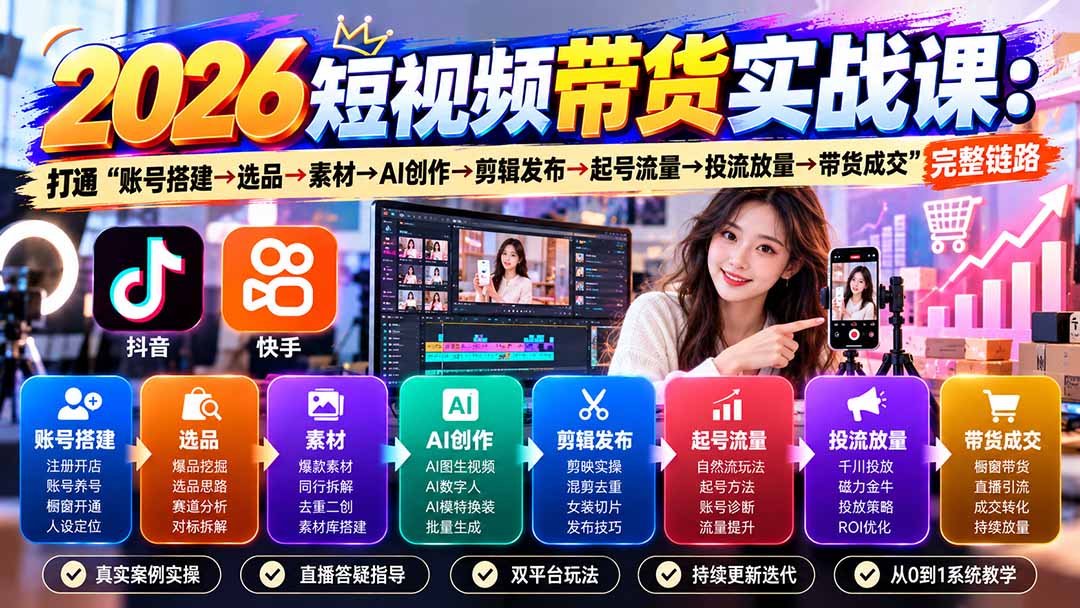 2026短视频带货实战课9月：打通“账号搭建→选品→素材→AI创作→剪辑发布→起号流量→投流放量→带货成交”完整链路-卿云社
