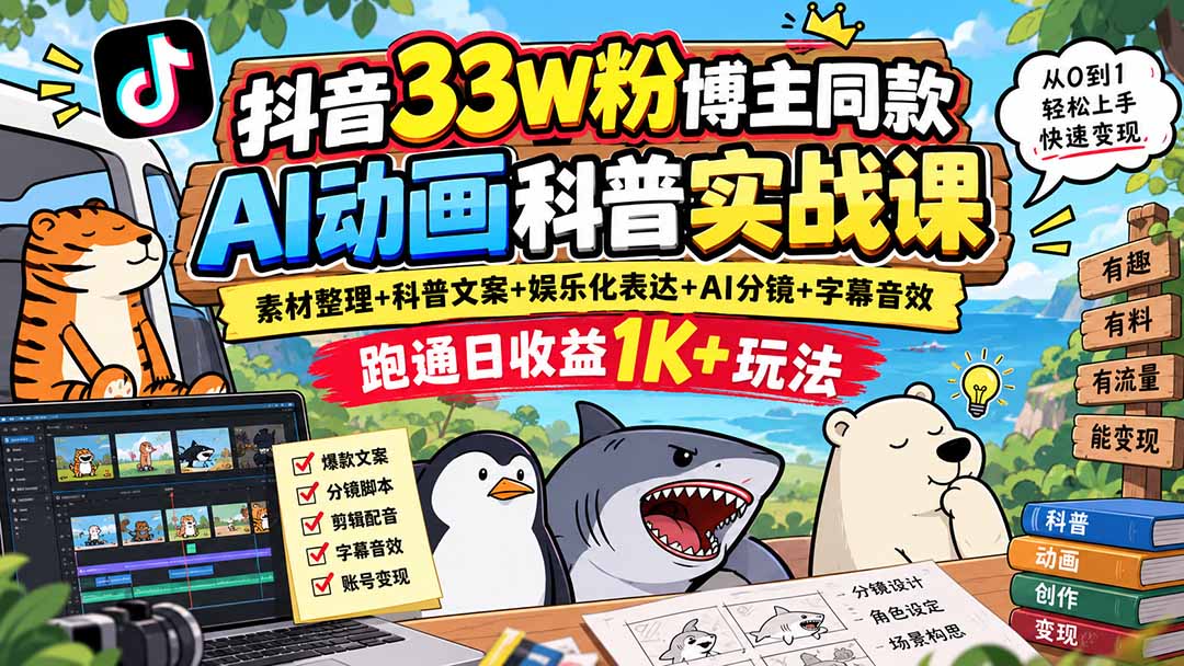 抖音33W粉博主同款AI动画科普实战课｜素材整理+科普文案+娱乐化表达+AI分镜+字幕音效，跑通日收益1K+玩法-卿云社
