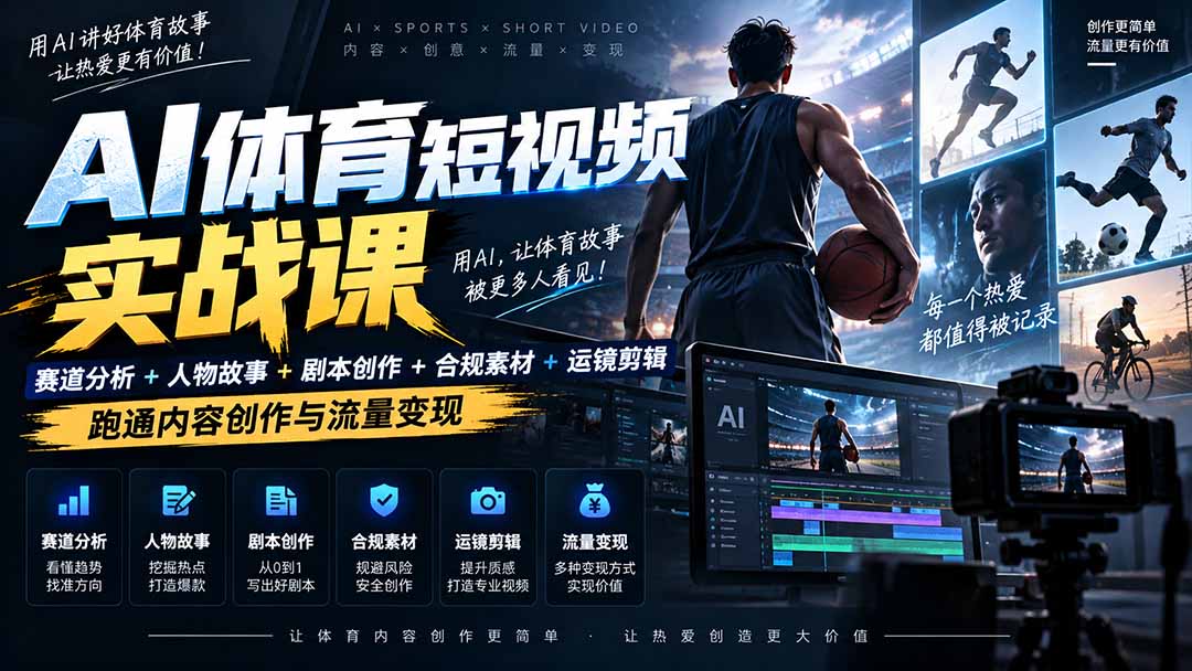 AI体育短视频赛道顶级玩法｜赛道分析+人物故事+剧本创作+版权处理+运镜剪辑，跑通流量变现-日赚1K+-卿云社