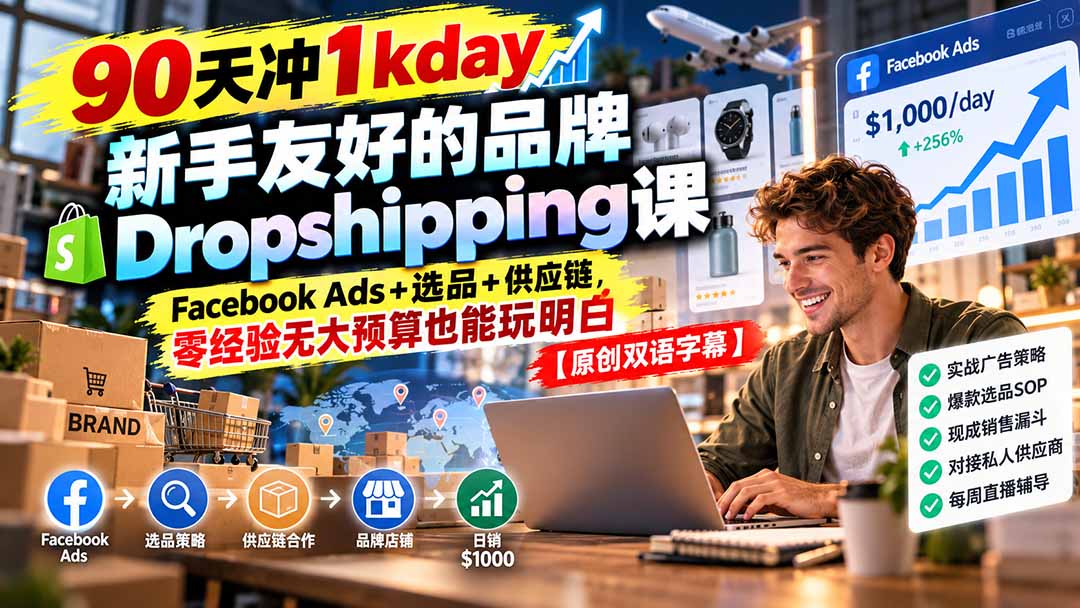 90天冲1kday 新手友好的品牌Dropshipping课：Facebook Ads+选品+供应链，零经验无大预算也能玩明白【原创双语字幕】-卿云社