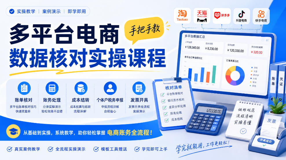 多平台电商数据核对实操课程，手把手教账单核对、账务处理、成本结转、个体户税务申报与发票开具-卿云社
