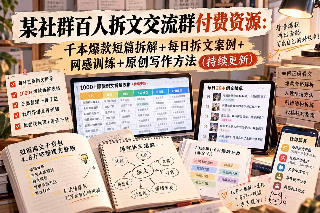 某社群百人拆文交流群付费资源-更新0929：千本爆款短篇拆解+每日拆文案例+网感训练+原创写作方法-卿云社