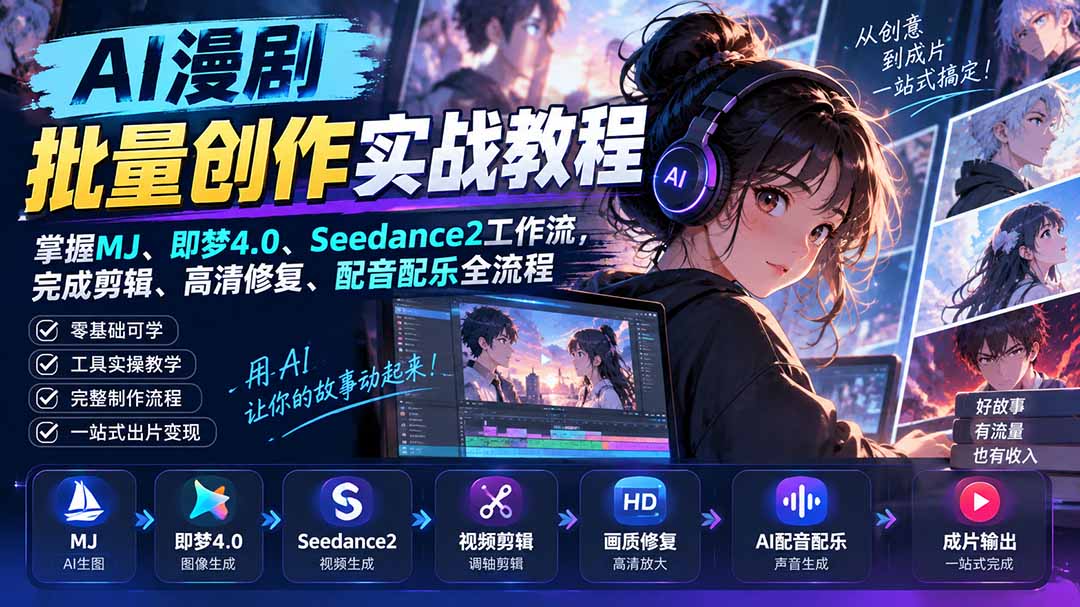 AI漫剧批量创作实战教程：掌握MJ、即梦4.0、Seedance2工作流，完成剪辑、高清修复、配音配乐全流程-卿云社