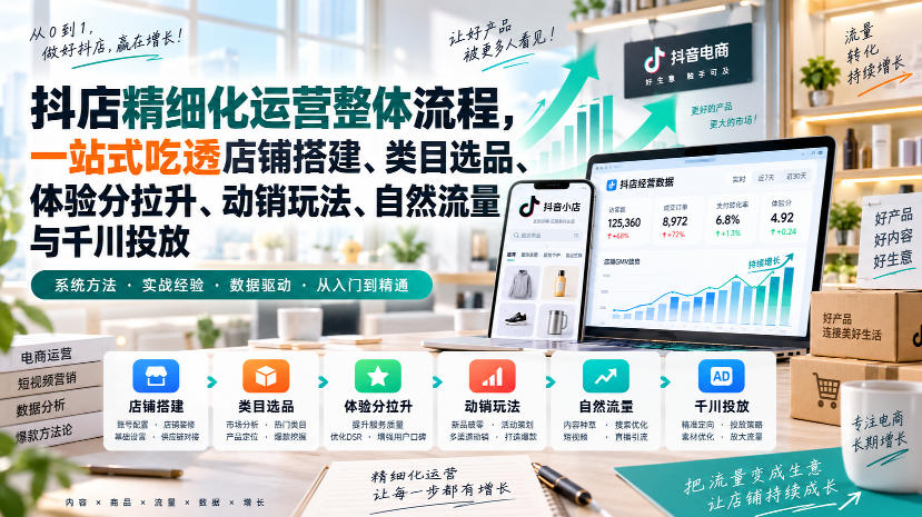 李哥电商-抖店精细化运营整体流程，一站式吃透店铺搭建、类目选品、体验分拉升、动销玩法、自然流量与千川投放-卿云社