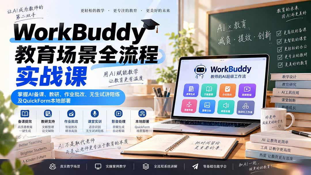 WorkBuddy教育场景全流程实战课：掌握AI备课、教研、作业批改、无生试讲陪练及QuickForm本地部署-卿云社