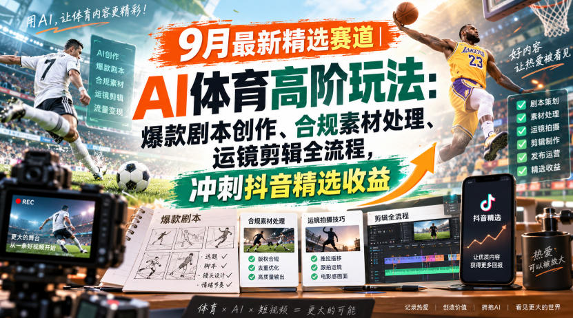 某大佬的9月最新精选赛道之AI体育顶级玩法，爆款剧本创作、版权规避、运镜剪辑全流程，稳拿抖音精选收益-卿云社