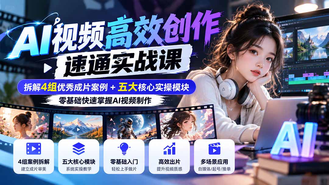 【无水印】AI视频高效创作速通实战课：拆解4组优秀成片案例+五大核心实操模块，零基础快速掌握AI视频制作-卿云社