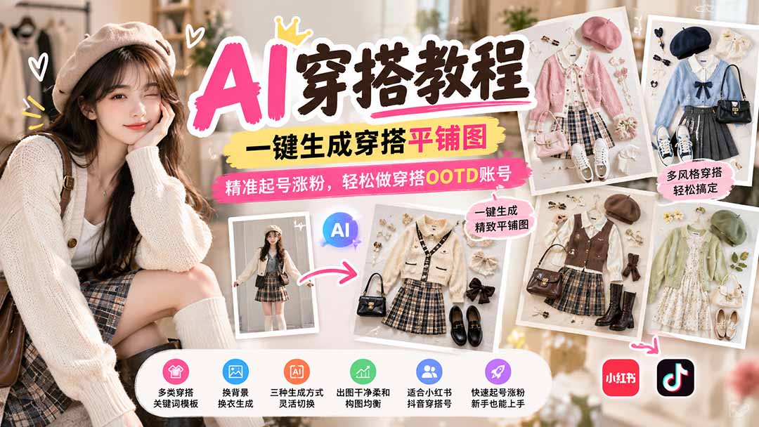 【无水印】AI穿搭教程｜一键生成穿搭平铺图，精准起号涨粉，轻松做穿搭OOTD账号-卿云社