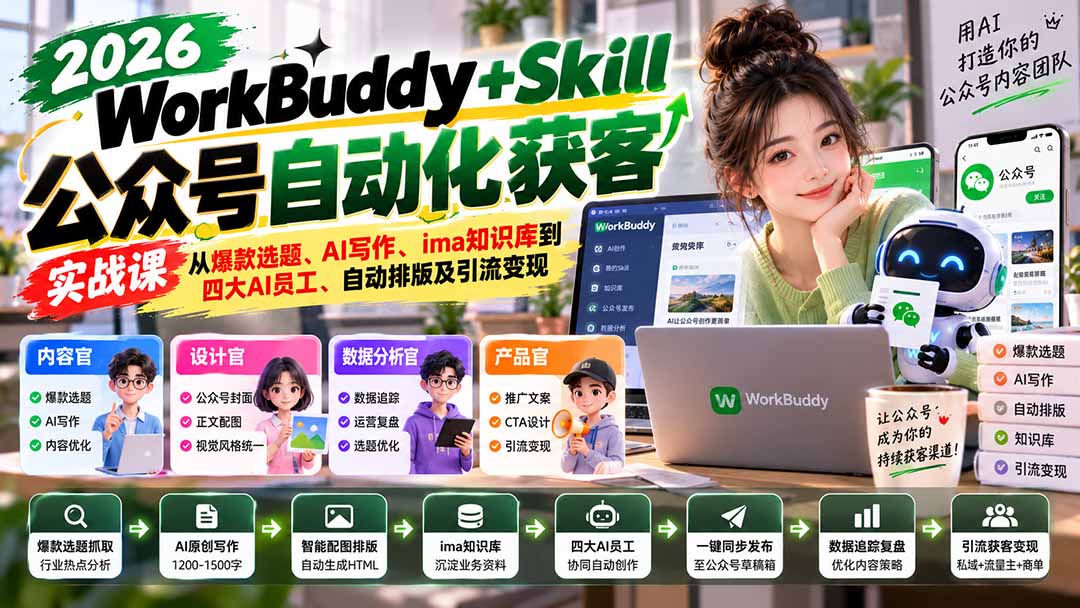 WorkBuddy + Skill公众号自动化获客实战课：从爆款选题、AI写作、ima知识库到四大AI员工、自动排版及引流变现-卿云社