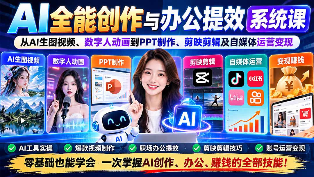 AI全能创作与办公提效系统课:从AI生图视频、数字人动画到PPT制作、剪映剪辑及自媒体运营变现-卿云社
