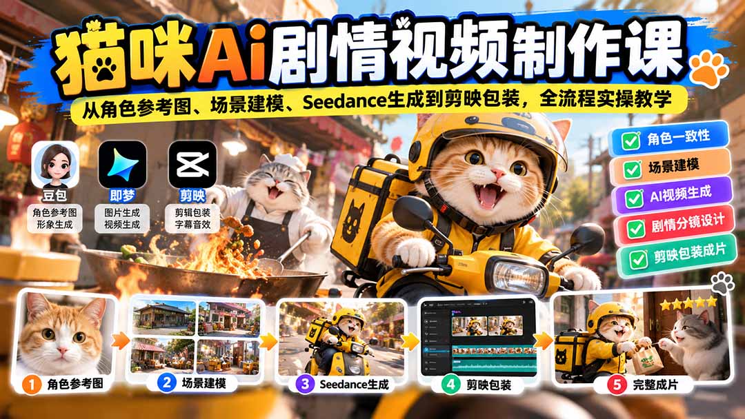 猫咪AI剧情视频制作课:从角色参考图、场景建模、Seedance生成到剪映包装,全流程实操教学-卿云社