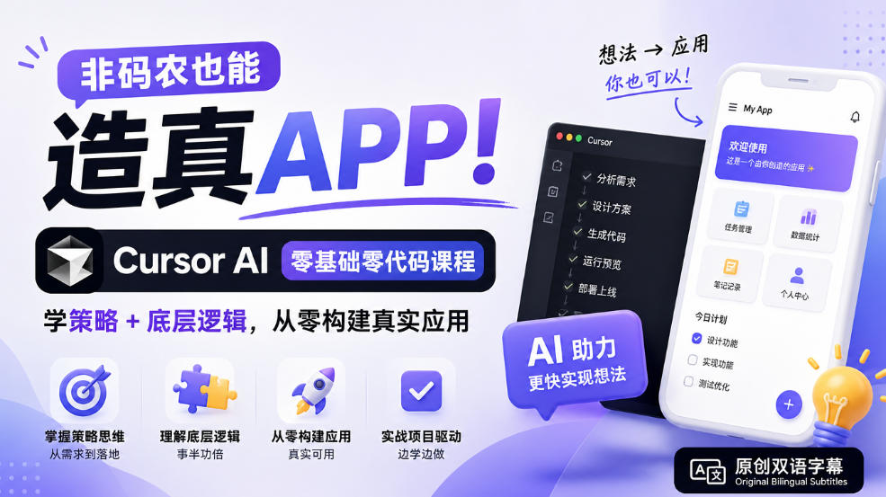 非码农也能造真APP！Cursor AI零基础零代码课程：学策略+底层逻辑，从零构建真实应用【原创双语字幕】-卿云社