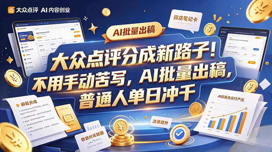 大众点评副业新玩法，工具提效解放双手，批量做笔记，单日可破千-卿云社
