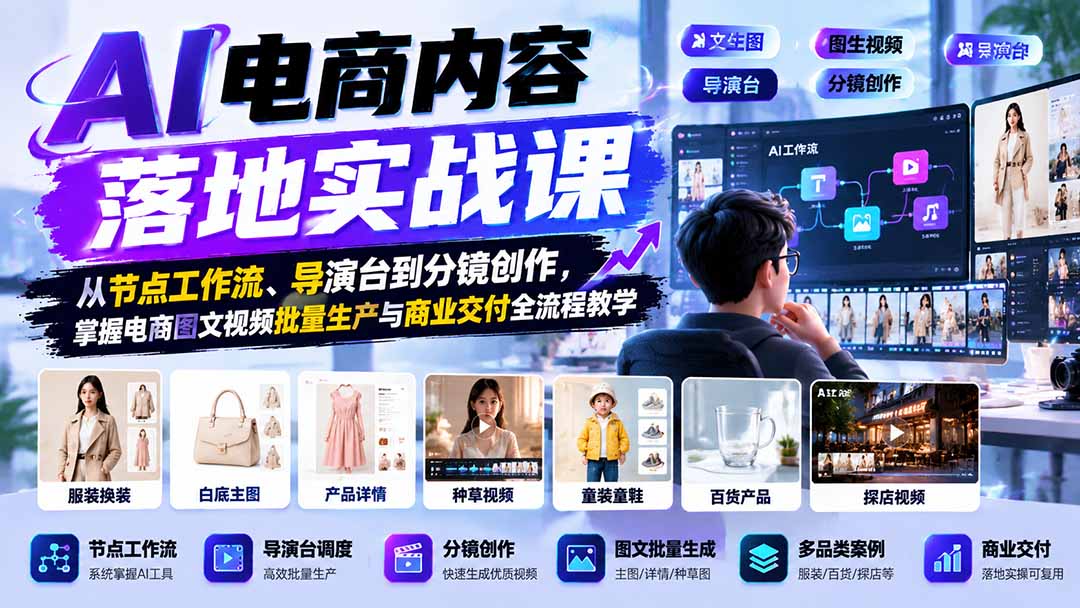 AI电商内容落地实战课:从节点工作流、导演台到分镜创作,掌握电商图文视频批量生产与商业交付全流程教学-卿云社