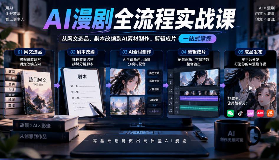 AI漫剧全流程实战课，覆盖从网文选品、剧本改编到AI素材制作、剪辑成片的完整链路-卿云社