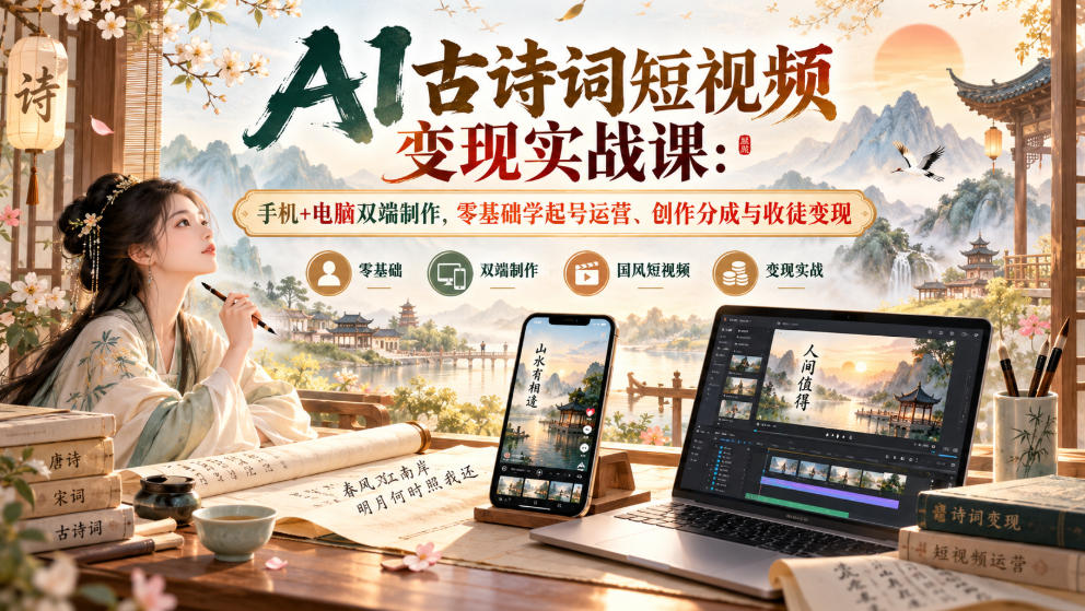 AI古诗词短视频变现实战课：手机+电脑双端制作，零基础学起号运营、创作分成与收徒变现-卿云社