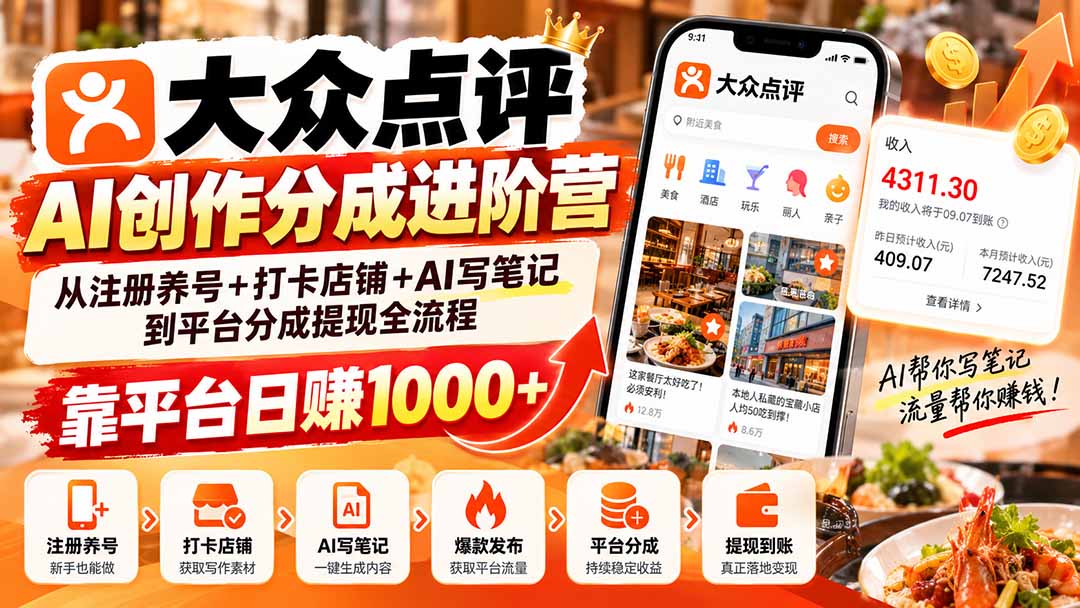 大众点评AI创作分成进阶营:从注册养号+打卡店铺+AI写笔记到平台分成提现全流程,靠平台日赚1000+-卿云社