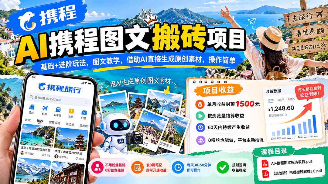 AI携程图文搬砖项目，基础+进阶玩法，图文教学，借助AI直接生成原创素材，操作简单-卿云社