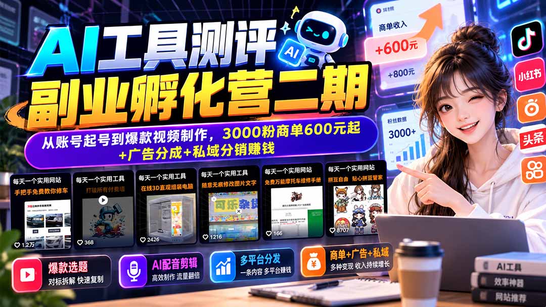 AI工具测评副业孵化营二期:从账号起号到爆款视频制作,3000粉商单600元起+广告分成+私域分销赚钱-卿云社