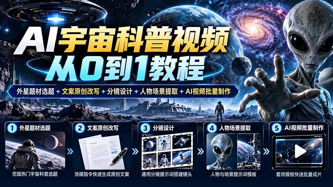AI宇宙科普视频从0到1教程｜外星题材选题+文案原创改写+分镜设计+人物场景提取+AI视频批量制作-卿云社