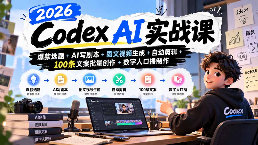2026Codex AI实战课：爆款选题+AI写剧本+图文视频生成+自动剪辑+100条文案批量创作+数字人口播制作-卿云社