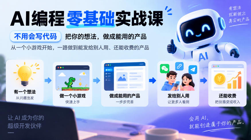AI编程零基础实战课，不用会写代码，把你的想法，做成能用的产品，从一个小游戏开始，一路做到能发给别人用、还能收费的产品-卿云社