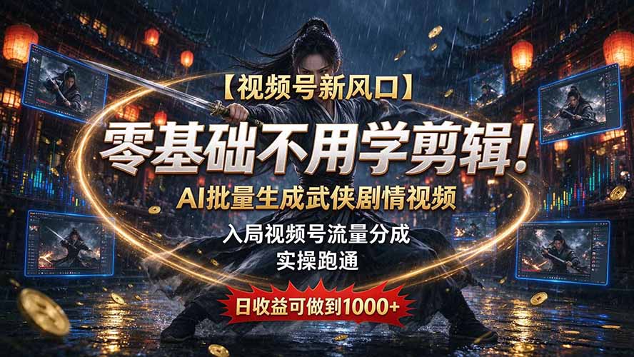 【视频号新风口】零基础不用学剪辑!AI 批量生成武侠剧情视频,入局视频号流量分成,实操跑通,日收益可做到 1000+-卿云社